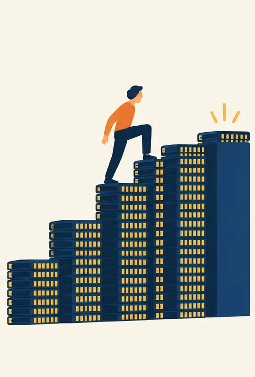 A staircase built of chip stacks: tall, steep steps at first, then a final step barely higher than the one before.