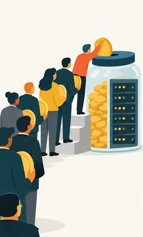 A long queue of investors pours coins into a big glass jar shaped like a server rack.