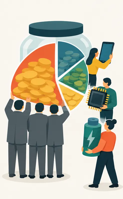 The jar's contents are split into slices; the largest is held by a group of faceless figures in plain grey suits seen from behind, others by people carrying a phone, a computer chip and a battery.