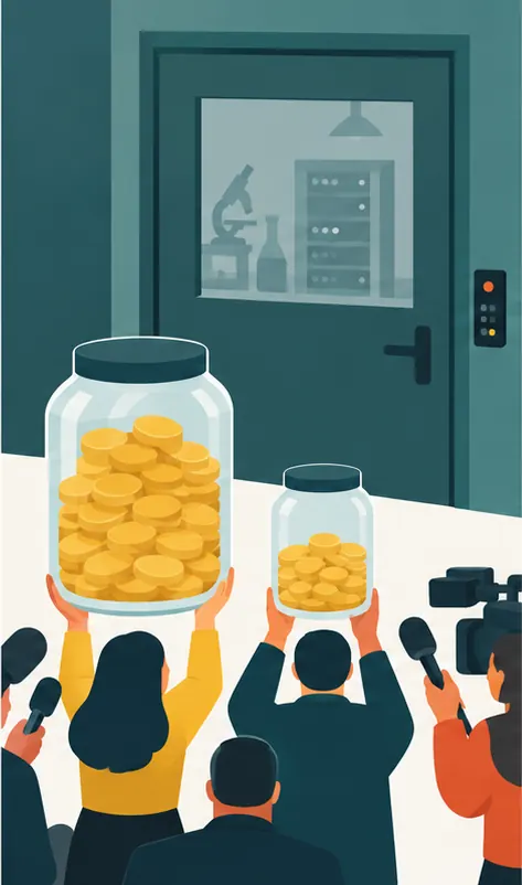 The lab's door stays shut with no one answering, while reporters hold up a jar twice the size of a smaller one beside it.