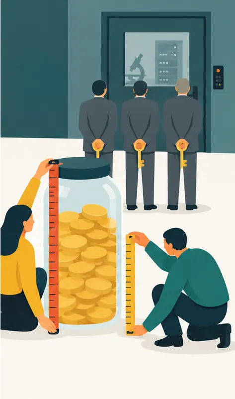 Two measuring tapes held against the jar disagree with each other, while the faceless grey-suited figures, seen from behind, hold keys to the lab's door.