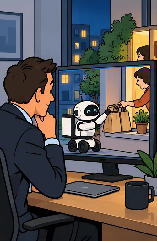 An executive on a video call watches a small robot hand a few delivery bags through a window.