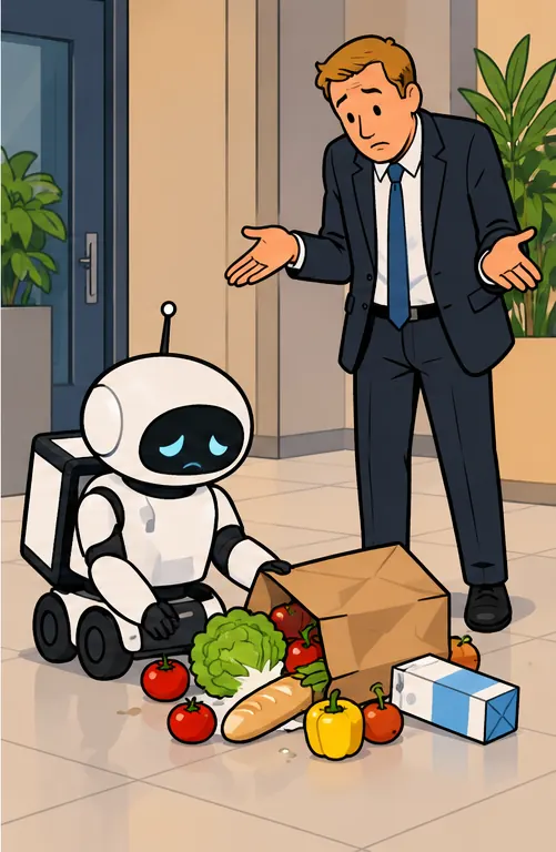 Another executive shrugs at a shopping robot that has dropped its bag of groceries on the floor.