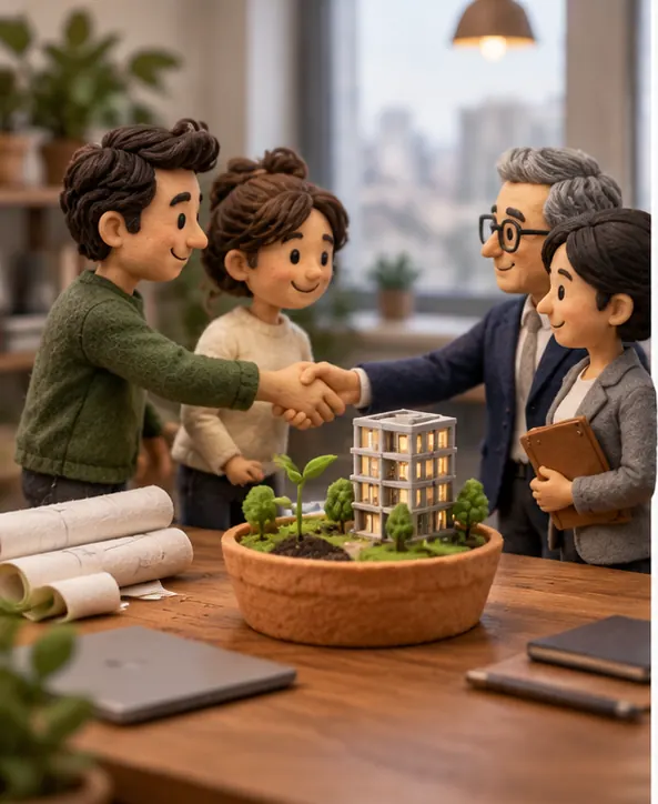Two founders shake hands with investors over a small pot from which a seedling grows into a tiny building.