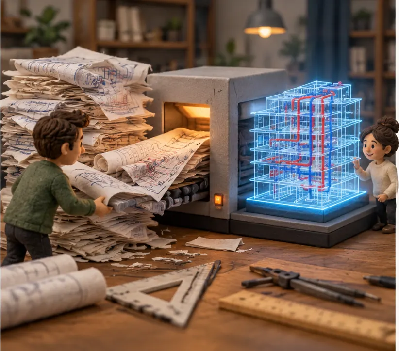 Mountains of old building plans showing pipes and ducts are fed into a glowing machine that outputs a 3D wireframe building with its plumbing visible, while old drafting tools lie pushed aside.