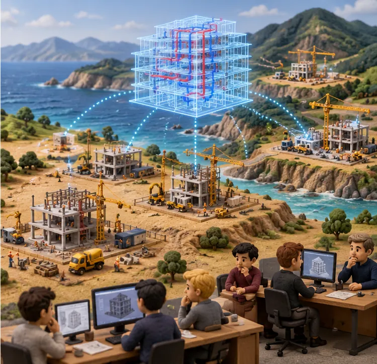The 3D design floats above a scattering of construction sites, some on a flat dry plain and some among coastal hills, while small rival teams work at their own desks nearby.