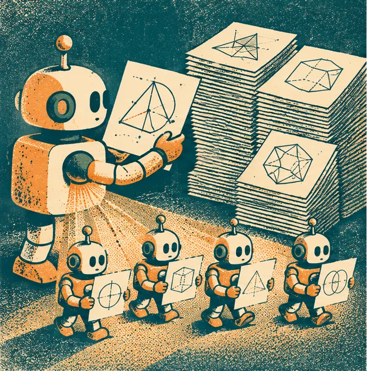 A robot facing a stack of competition math sheets covered in abstract geometric shapes, copying itself into several smaller robots