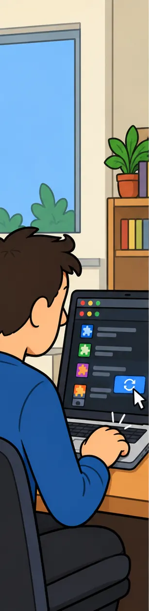 A developer at a laptop clicking an update button in a code editor's extension panel, the window showing only abstract shapes