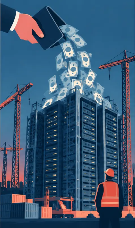 A towering stack of server racks under construction, with a stream of paper banknotes pouring out of an open wallet into it
