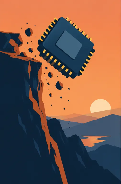 A giant silicon chip, shaped like a boulder, tumbles off the edge of a steep cliff at dusk, the ground crumbling under it.