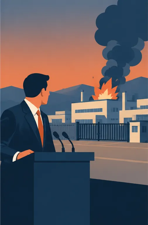 A businessman at a lectern turns to look at a distant semiconductor factory with a column of dark smoke rising from one of its buildings after an explosion; its gates are shut.