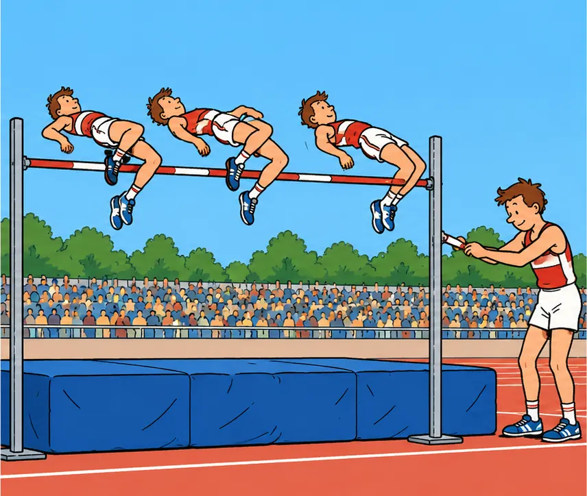 Three high jumpers clearing a raised bar, while a fourth jumper sets the bar slightly lower for its own next jump