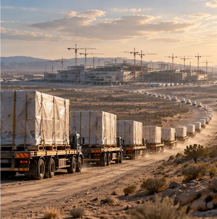 A long line of equipment crates heading toward a distant chip factory under construction on the horizon
