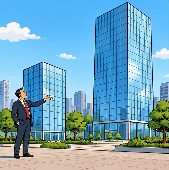Two plain glass office towers with no emblems, a smaller one and a much larger one, an executive by the smaller tower reaching a hand toward the larger one