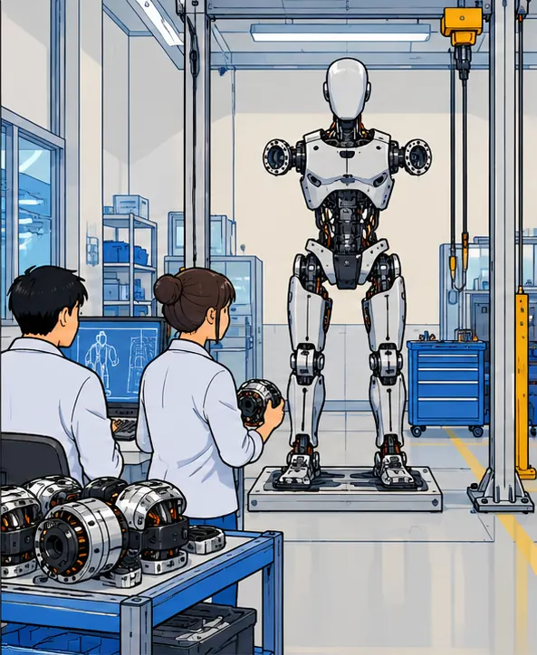A humanoid robot frame standing at the far end of the lab, still waiting for its joints
