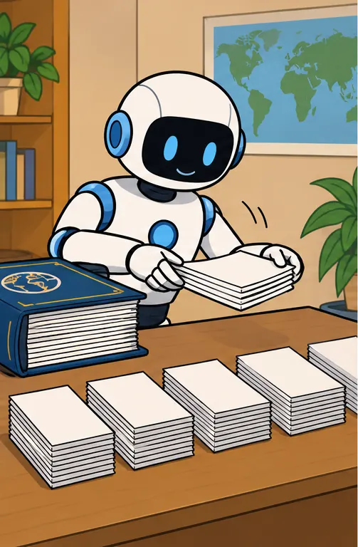 A thick rulebook on a desk being reorganized into five tidy stacks of pages