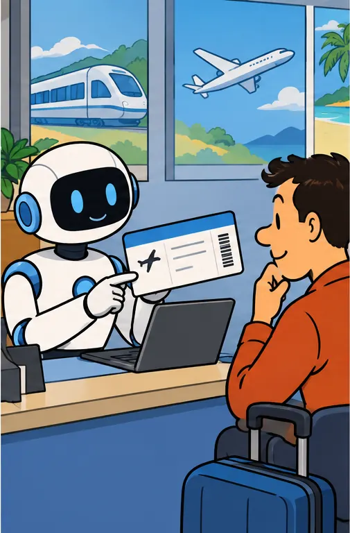 An AI assistant robot at a travel counter showing a person a ticket and waiting for a nod before paying