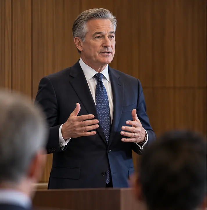 A bank chief executive speaking at a results meeting in front of a plain wood-panelled wall