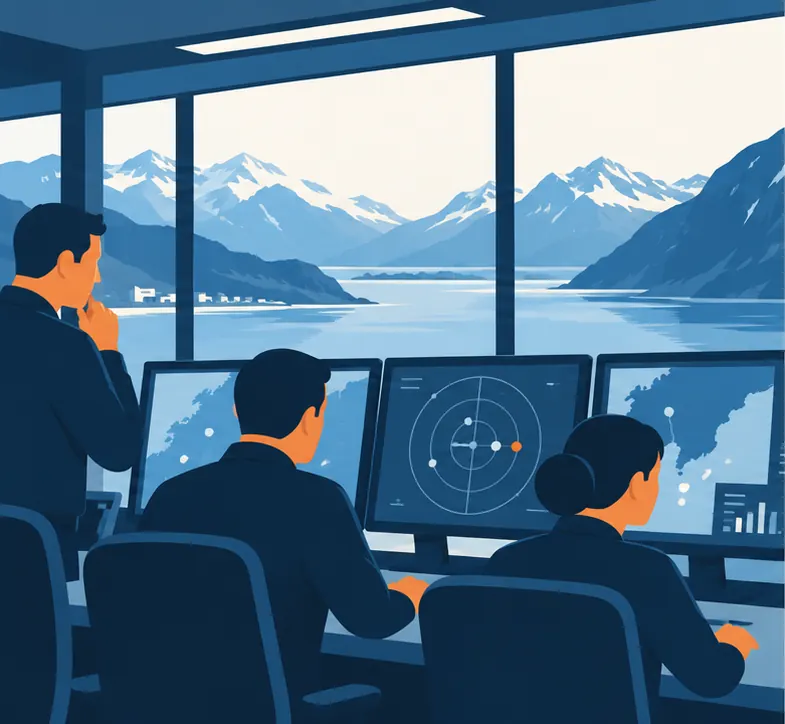 Analysts at a national security office in Norway watching their screens, a fjord through the window