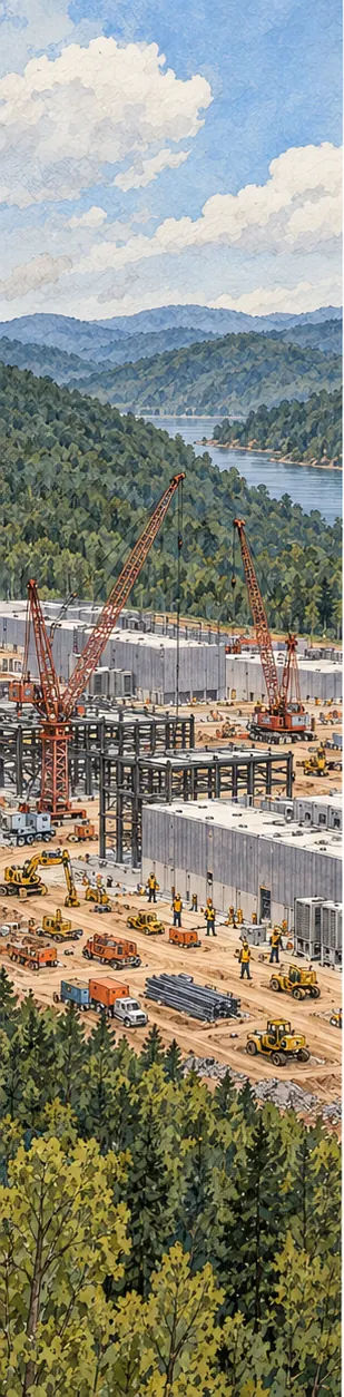 A large data-center campus under construction among the forested hills of West Virginia, with cranes and steel frames