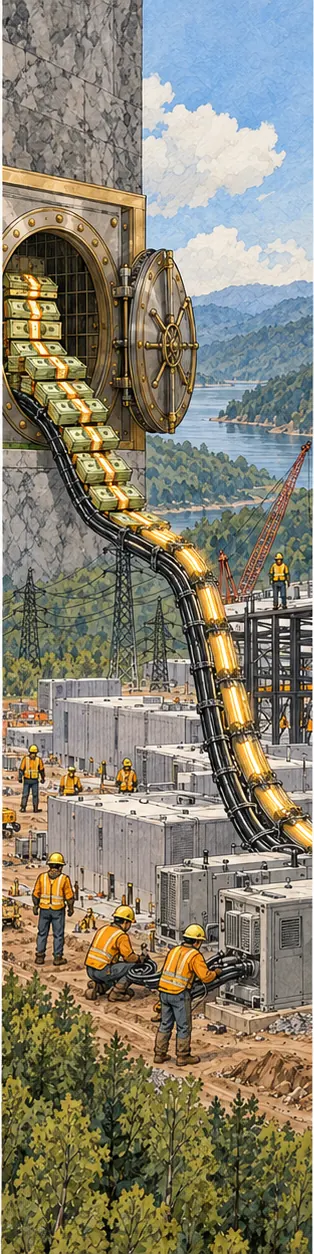Money flowing from a bank vault along a cable to the construction site, where crews work and power lines connect to the buildings