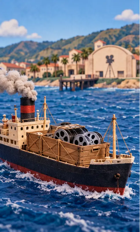 A crate of film reels crossing the Pacific Ocean by boat toward a small American studio