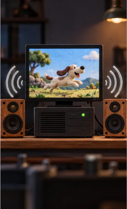 A single server playing a short film clip, with sound waves coming from two speakers