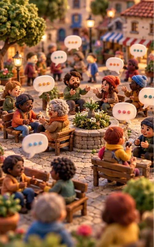 An online forum shown as a lively town square full of people chatting on benches