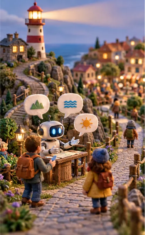 A road leading to the square from a lighthouse, where a robot now answers travellers' questions, and fewer visitors walking the road