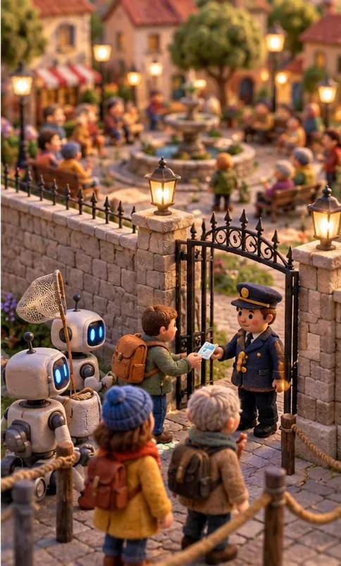 A fence and gate around the square, a guard checking visitors' passes at the entrance while robots wait outside