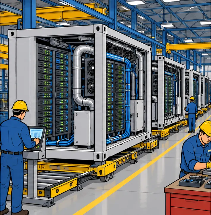 In a factory, identical windowless metal compute pods, their open side panels showing server racks and cooling pipes, roll off an assembly line one after another.