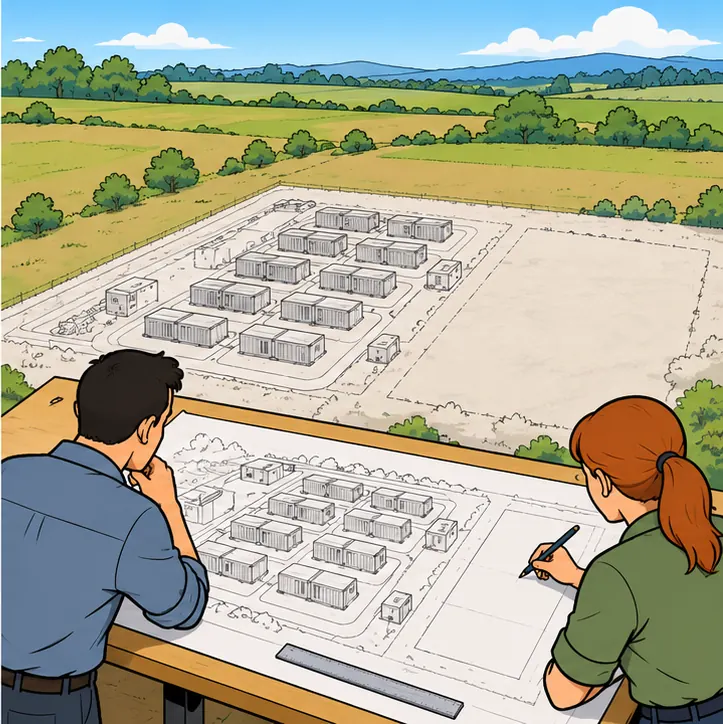 On a large drawing board, outlines of many future sites full of the same boxy server pods are sketched in pencil, next to an empty field.