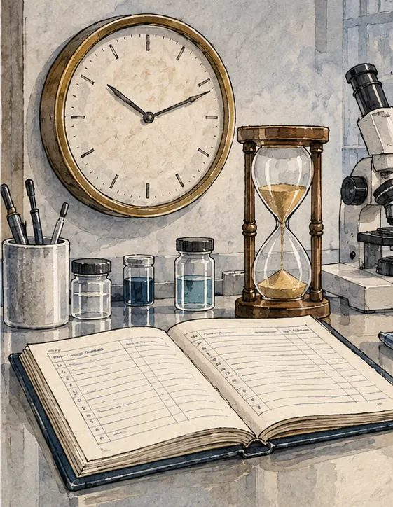 A wall clock and an hourglass beside an open incident logbook on a lab desk