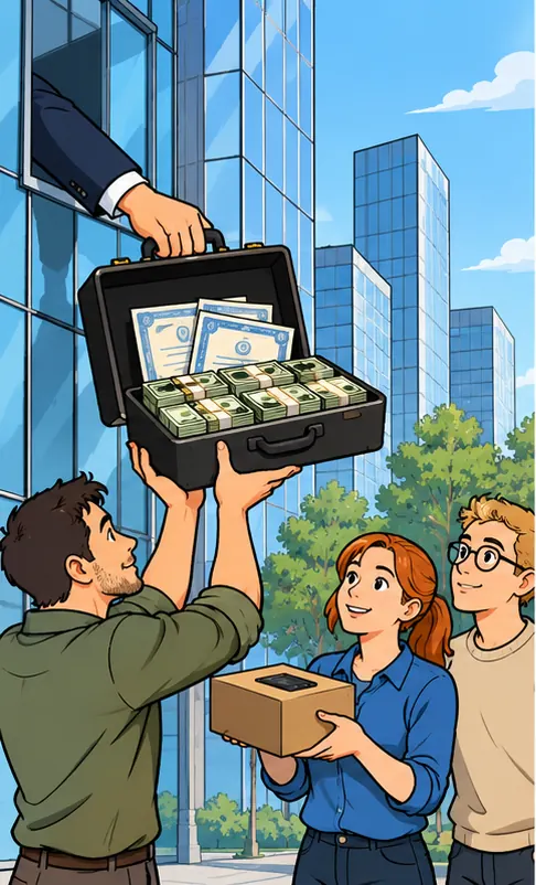 A hand reaching out of a large glass corporate tower passes a briefcase of cash and share certificates to a small startup team, who hand over a small box in return.
