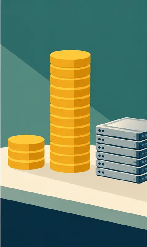 A small pile of cost coins beside a much taller pile of profit coins on a table next to a stack of drives