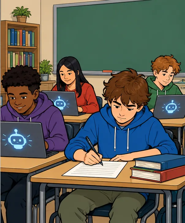 A classroom where a few students use laptops with AI while one student works on a paper assignment instead