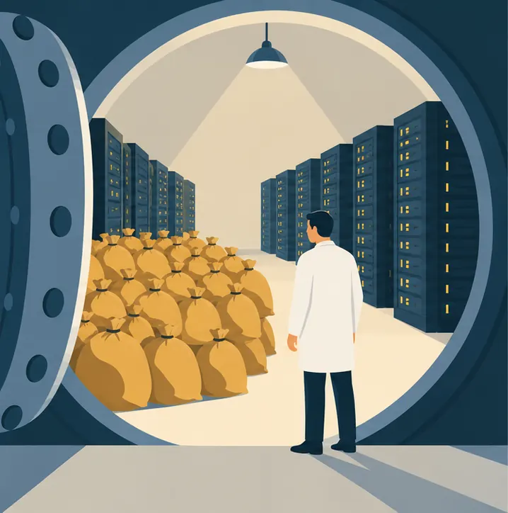 Inside a huge vault, one customer's plain cloth money sacks fill a third of the floor, beside rows of plain, unmarked server racks.