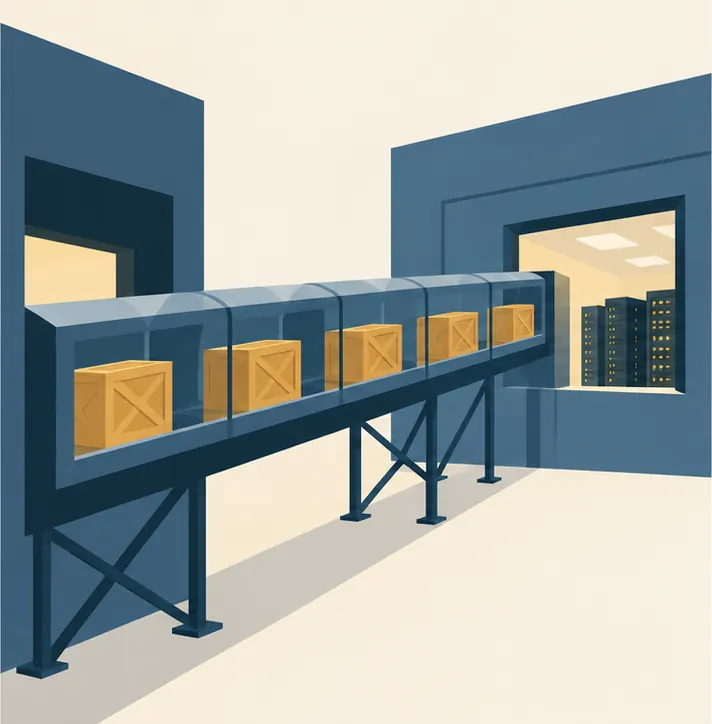A long covered conveyor carries plain wooden crates from one plain, unmarked building into another plain building full of server racks.