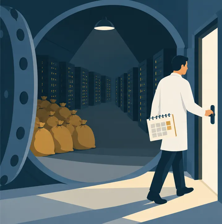 A figure from the AI lab stands at an exit door with a calendar under their arm and a hand on the handle, as the vault behind them looks a third empty in shadow.