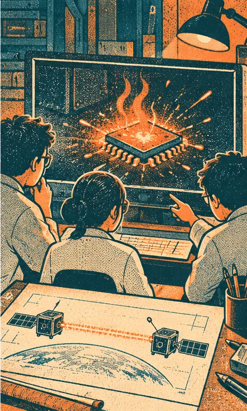 On the ground, engineers watch a screen showing the chip shimmering with heat and pricked by tiny sparks, while on a drafting table beside them two more satellites are sketched, joined by a beam of light.