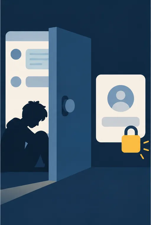A chat window closes like a heavy door on a figure in shadow, and a small padlock clicks shut on a blank account card.