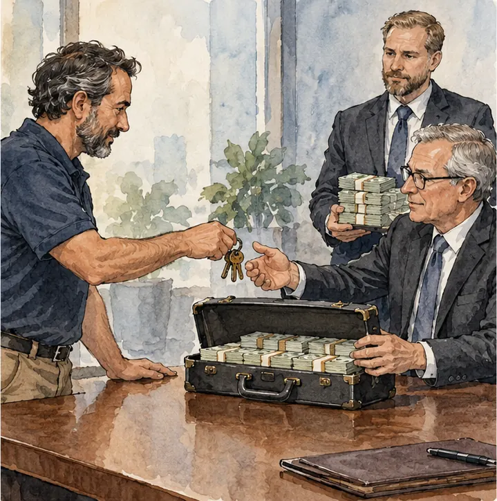 An investor handing a briefcase of cash across a table in exchange for the company's keys, a lender standing behind with more money