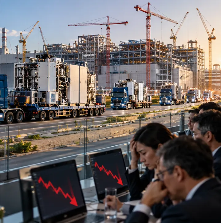 Trucks carrying the machines toward new chip factories under construction, while across the road buyers of chips look worried at falling arrows