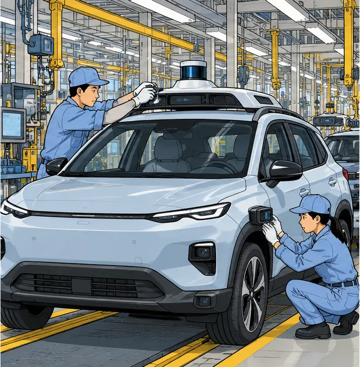 On the same line, workers fitting a roof-mounted sensor dome and side sensors onto one of the SUVs