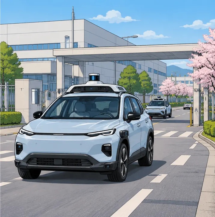 The finished SUV, with nobody in the right-hand driver's seat, driving out of the factory gate onto a Japanese road