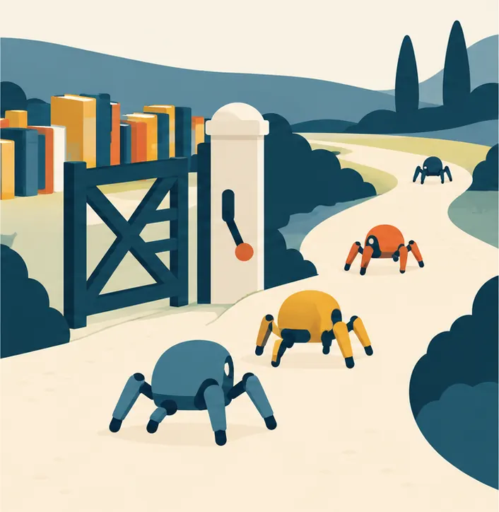 Outside the gate, the four robots have turned their backs on the field of books and are walking away down the road at different paces: one already far off, one mid-turn, two close behind; none goes through the gate.