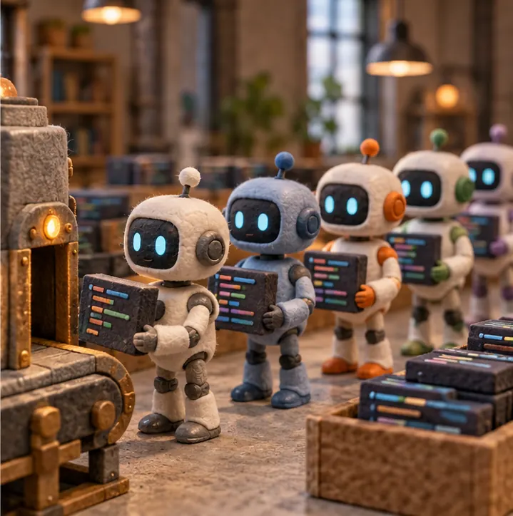 Robot coders lining up to have their work checked by the machine
