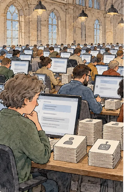 A large hall of ordinary people in casual clothes sits at rows of computer desks, reading short replies on their screens, with stacks of reply cards from people and from robots between them.