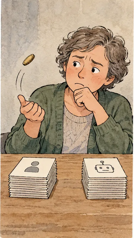 An ordinary middle-aged person in a cardigan looks unsure between two identical reply cards and flips a coin to choose.