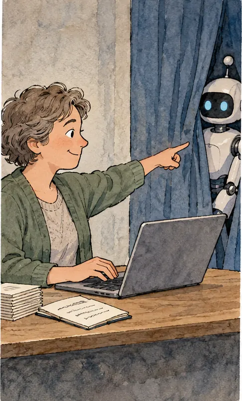 The same person types questions of their own and points confidently at a robot half-hidden behind a curtain.